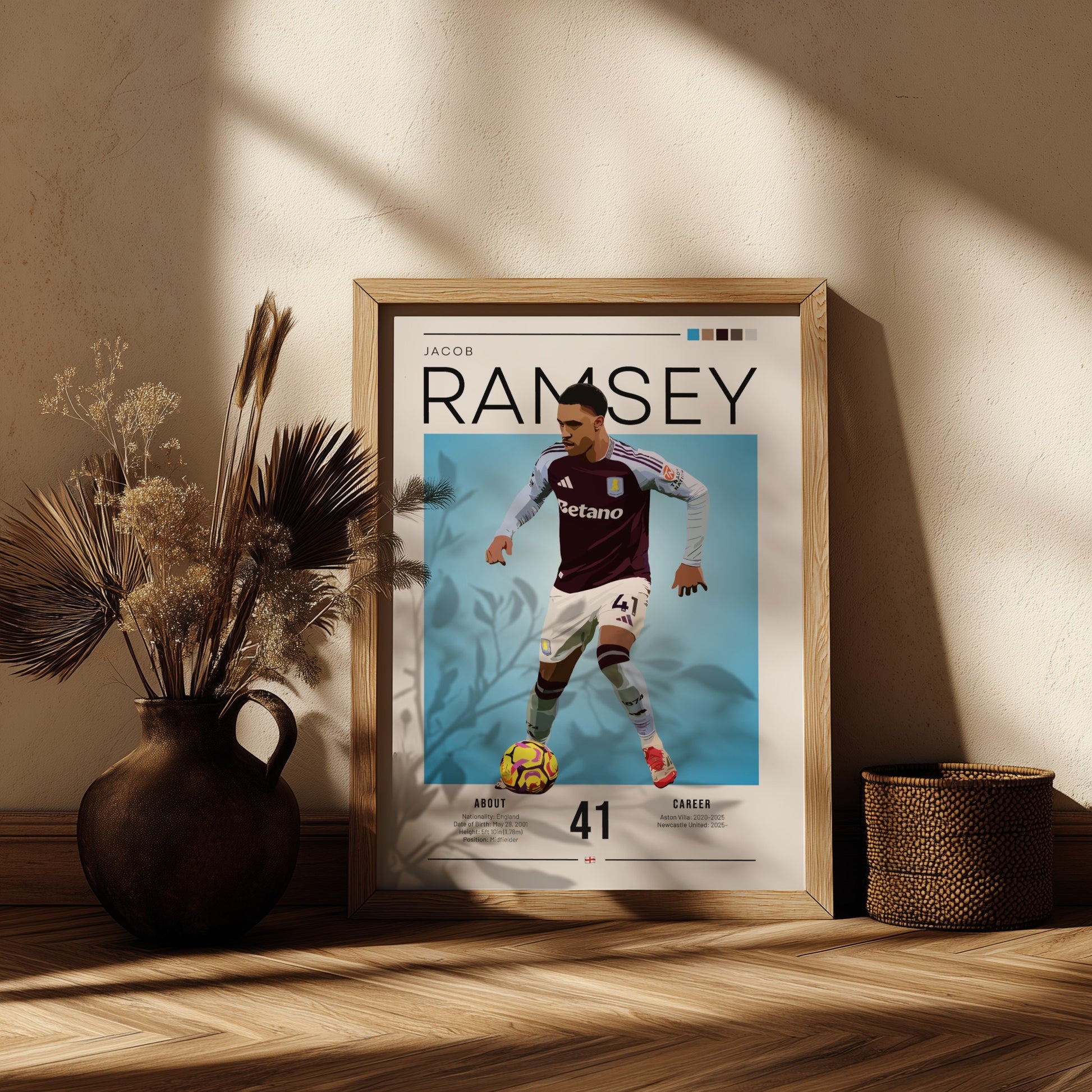 Jacob Ramsey football poster featuring Aston Villa player in action, vibrant colors and modern design.
