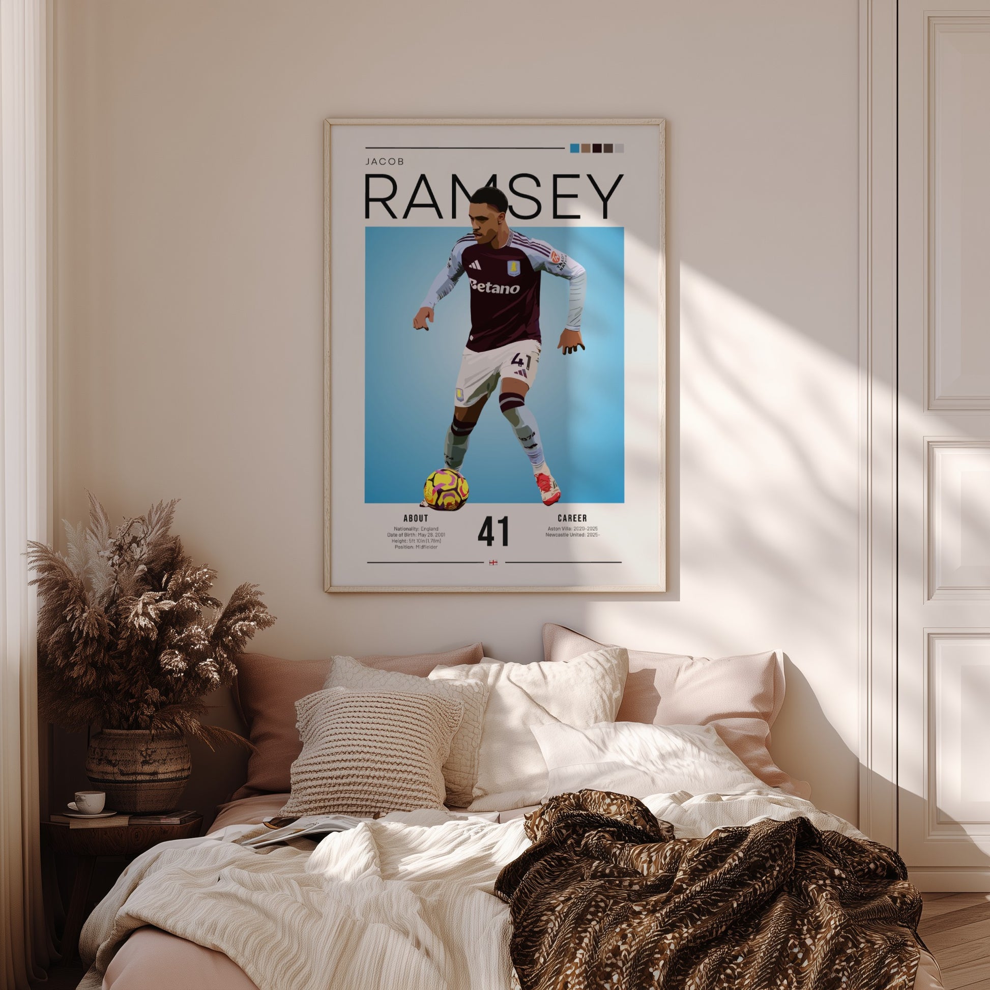 Jacob Ramsey football poster featuring Aston Villa player in action, vibrant colors and modern design.