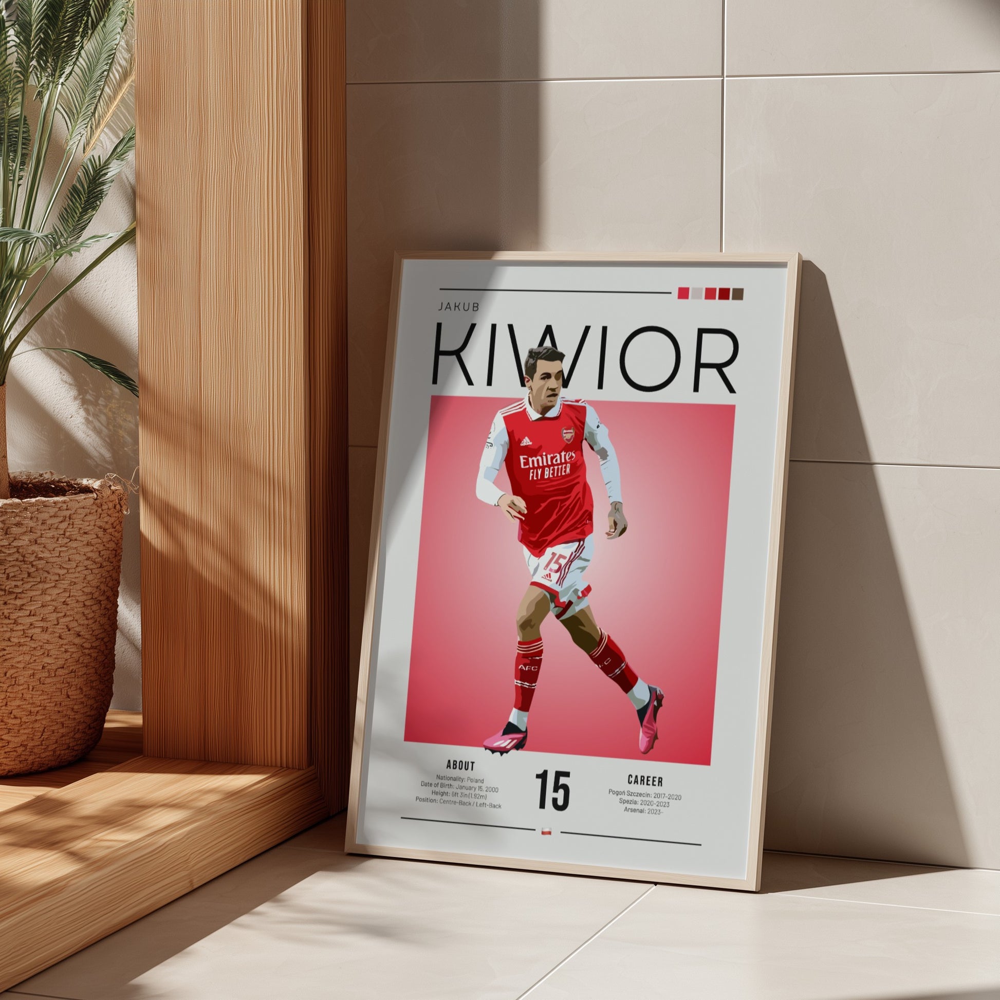 Jakub Kiwior poster featuring vibrant colors and modern design, perfect for sports enthusiasts and football