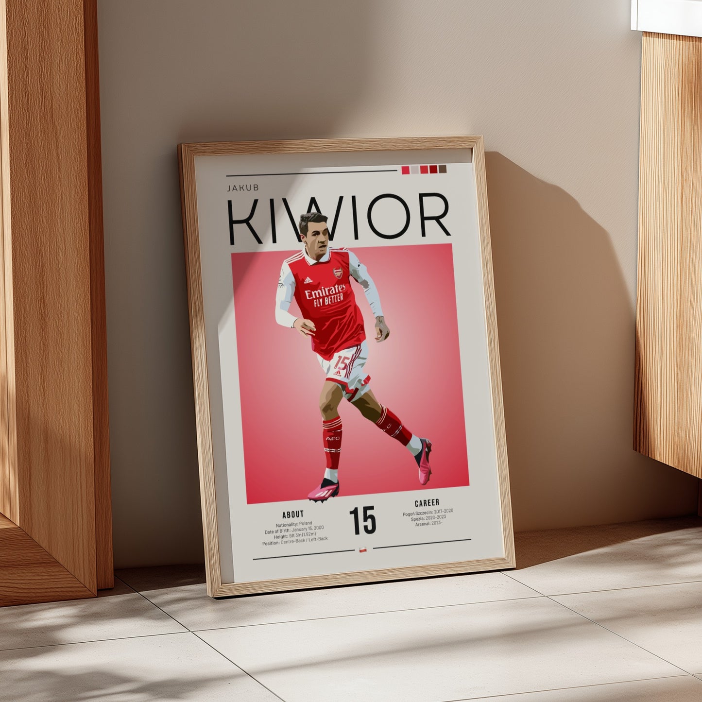 Jakub Kiwior poster featuring vibrant colors and modern design, perfect for sports enthusiasts and football