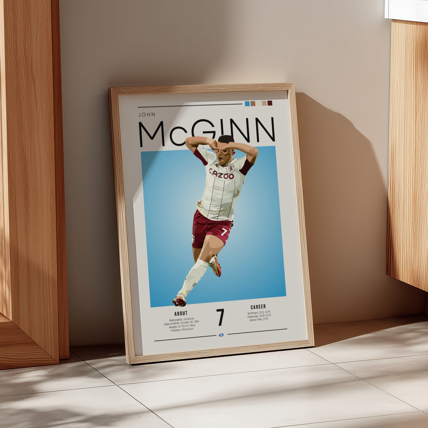 Football poster featuring John McGinn in Aston Villa shirt, vibrant colors and dynamic design, perfect for