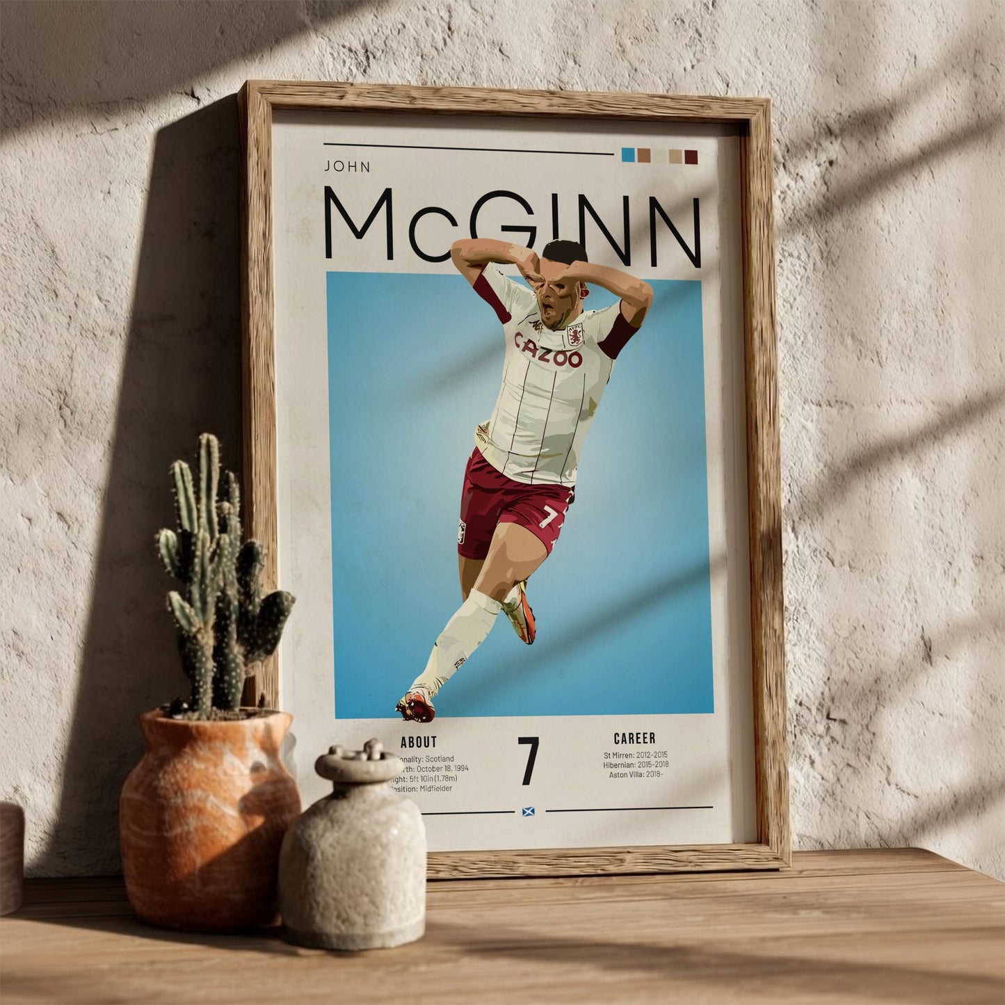 Football poster featuring John McGinn in Aston Villa shirt, vibrant colors and dynamic design, perfect for