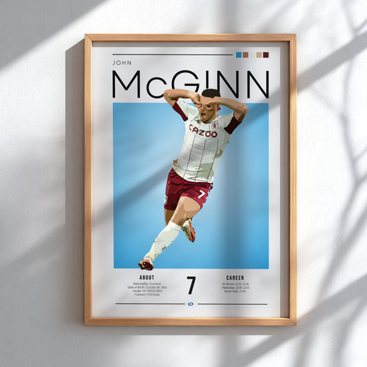 Football poster featuring John McGinn in Aston Villa shirt, vibrant colors and dynamic design, perfect for