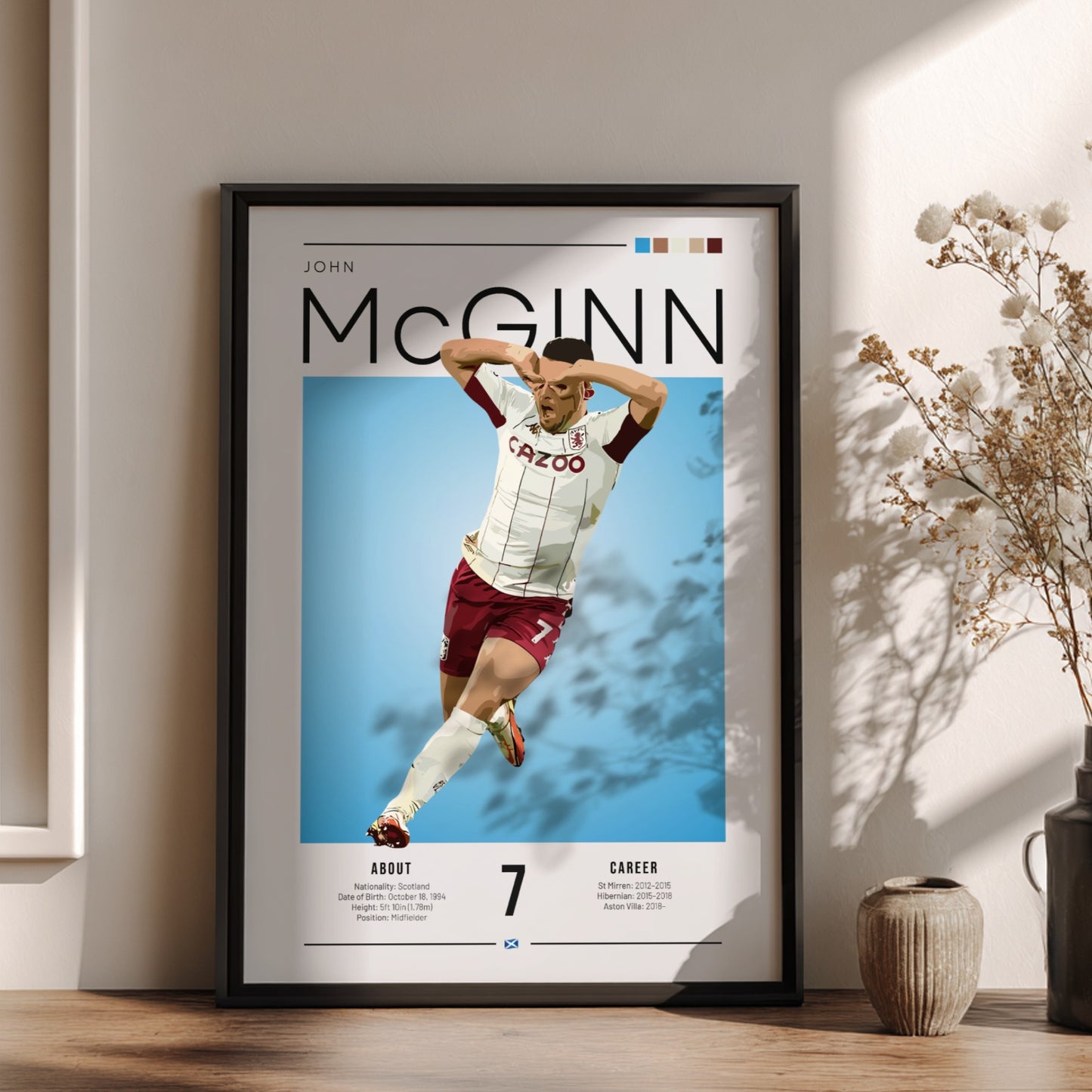 Football poster featuring John McGinn in Aston Villa shirt, vibrant colors and dynamic design, perfect for