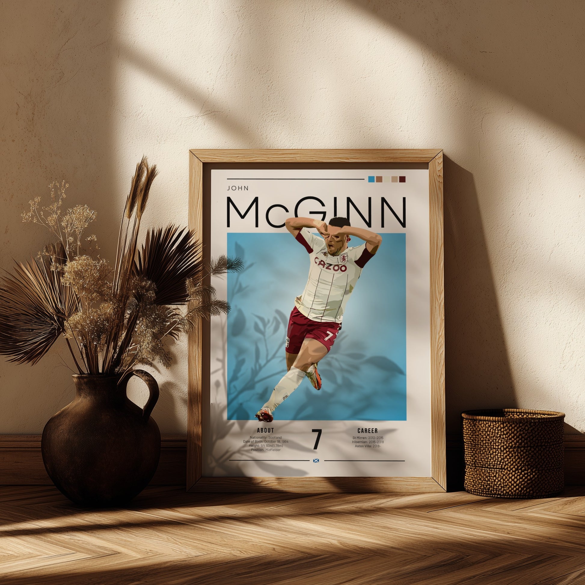 Football poster featuring John McGinn in Aston Villa shirt, vibrant colors and dynamic design, perfect for