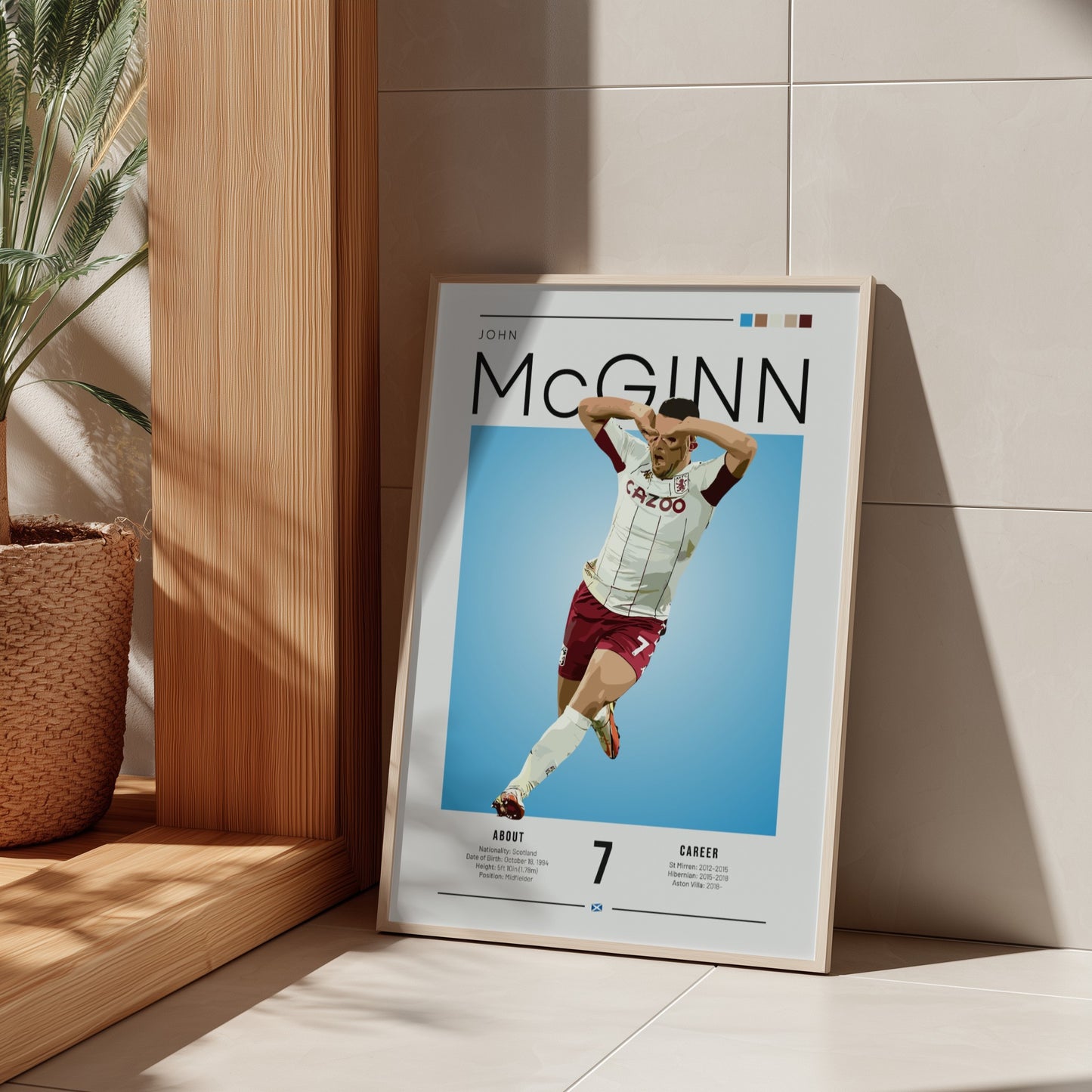Football poster featuring John McGinn in Aston Villa shirt, vibrant colors and dynamic design, perfect for
