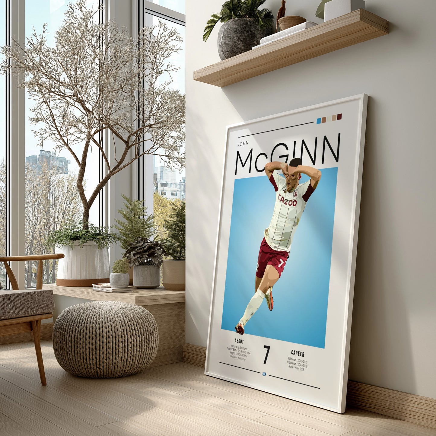 Football poster featuring John McGinn in Aston Villa shirt, vibrant colors and dynamic design, perfect for