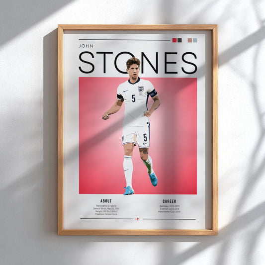 John Stones wall art featuring England National Team colors and style, perfect for football fans.