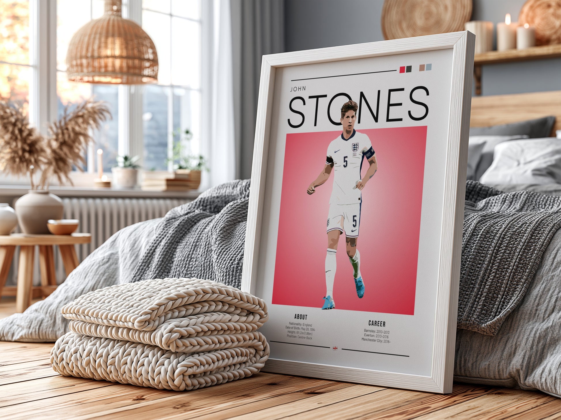 John Stones wall art featuring England National Team colors and style, perfect for football fans.