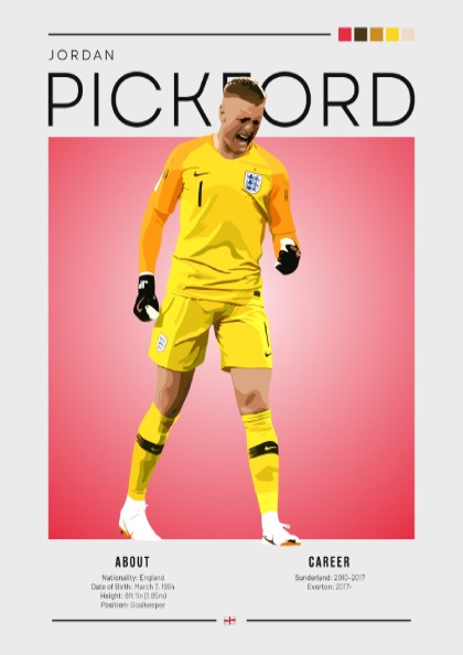Jordan Pickford poster featuring England national team colors and dynamic design