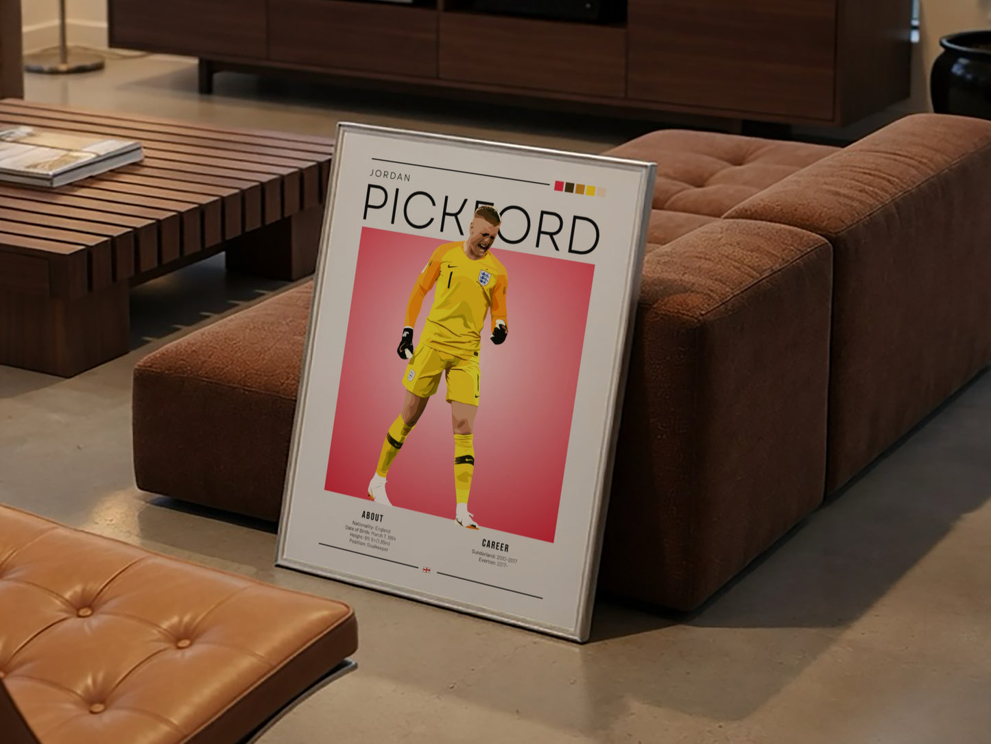 Jordan Pickford poster featuring England national team colors and dynamic design