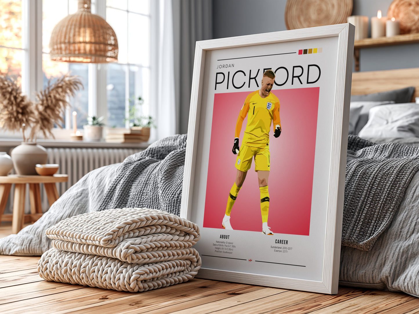 Jordan Pickford poster featuring England national team colors and dynamic design