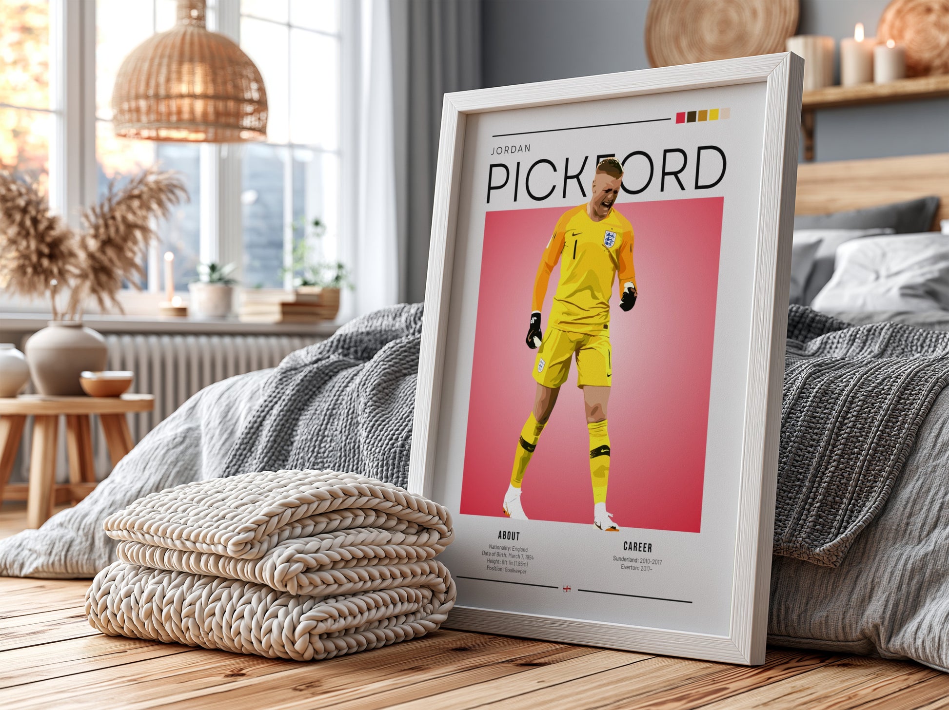 Jordan Pickford poster featuring England national team colors and dynamic design