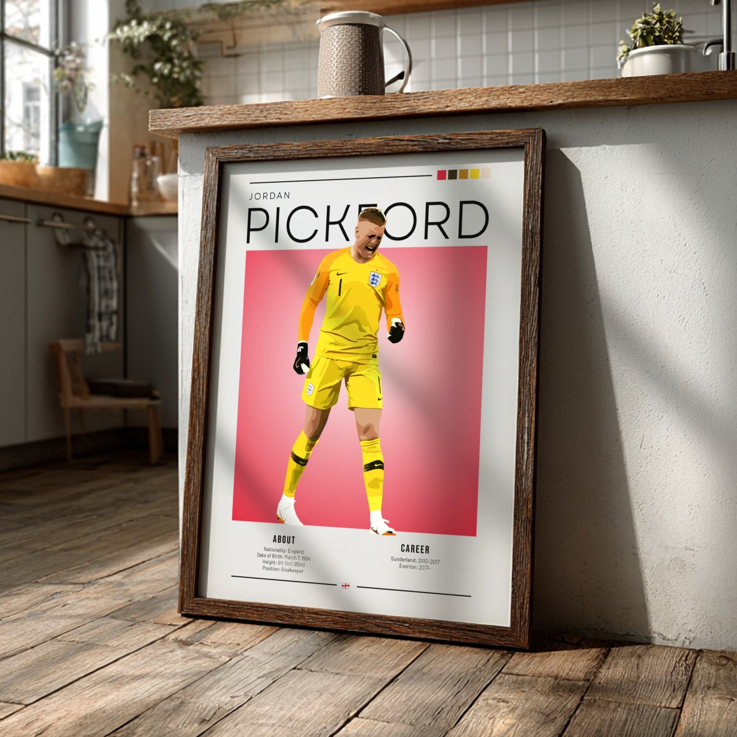Jordan Pickford poster featuring England national team colors and dynamic design