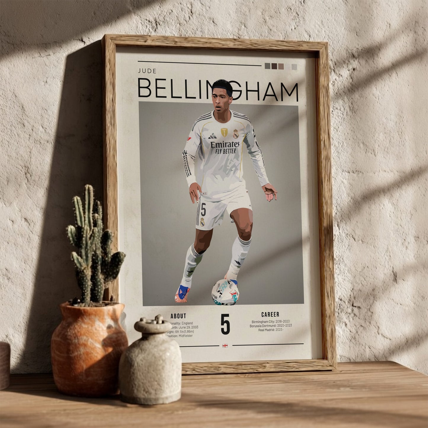 Jude Bellingham poster in Real Madrid football shirt, vibrant colors, dynamic style, perfect for sports decor.