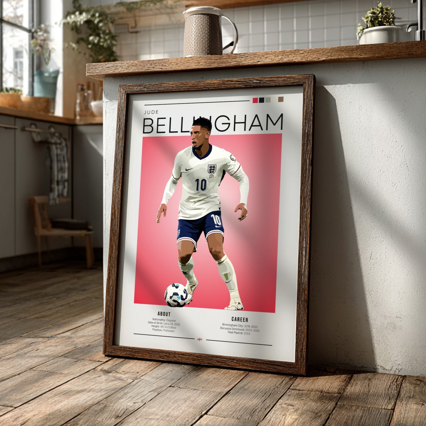 Jude Bellingham poster featuring England National Team colors and dynamic football action.