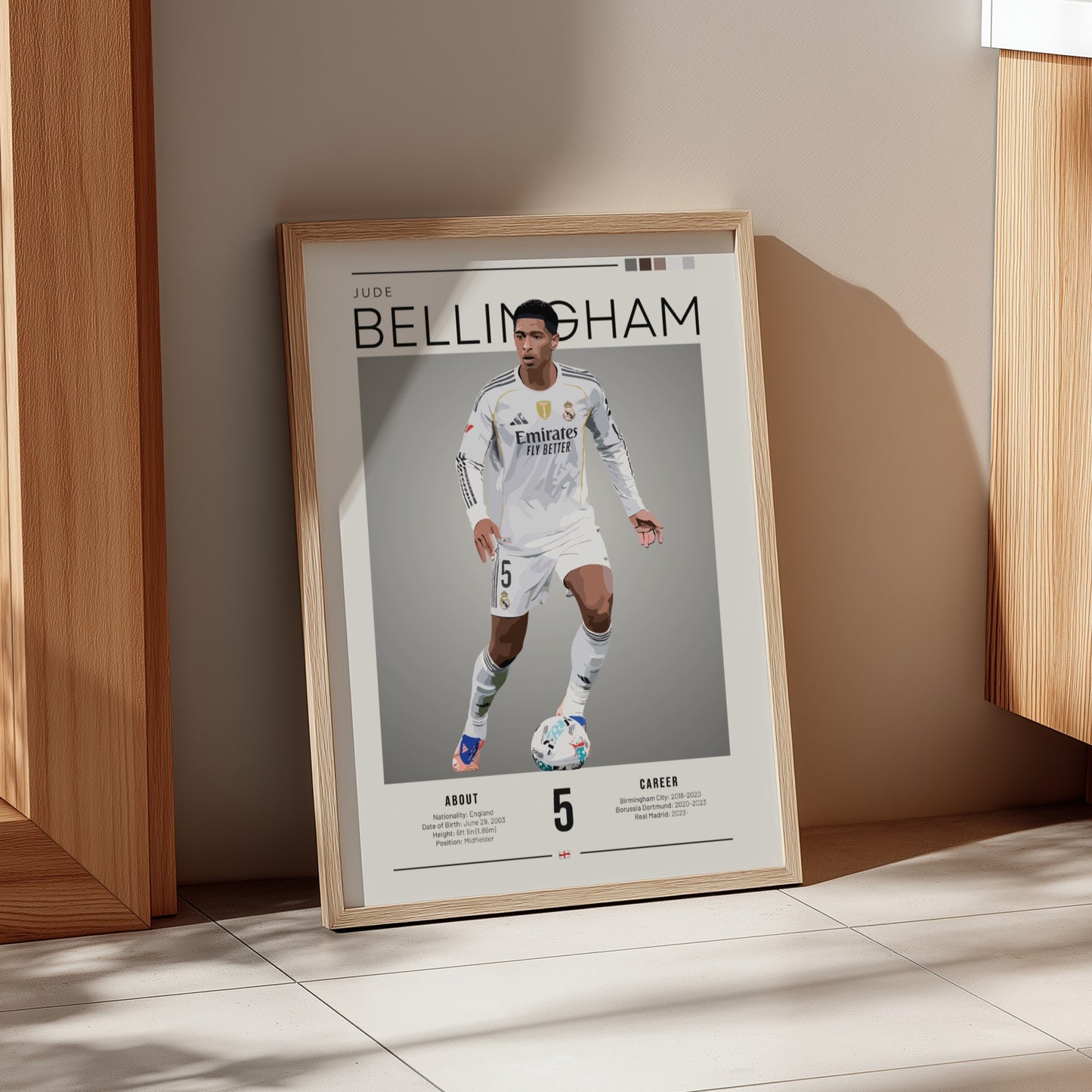 Jude Bellingham poster in Real Madrid football shirt, vibrant colors, dynamic style, perfect for sports decor.
