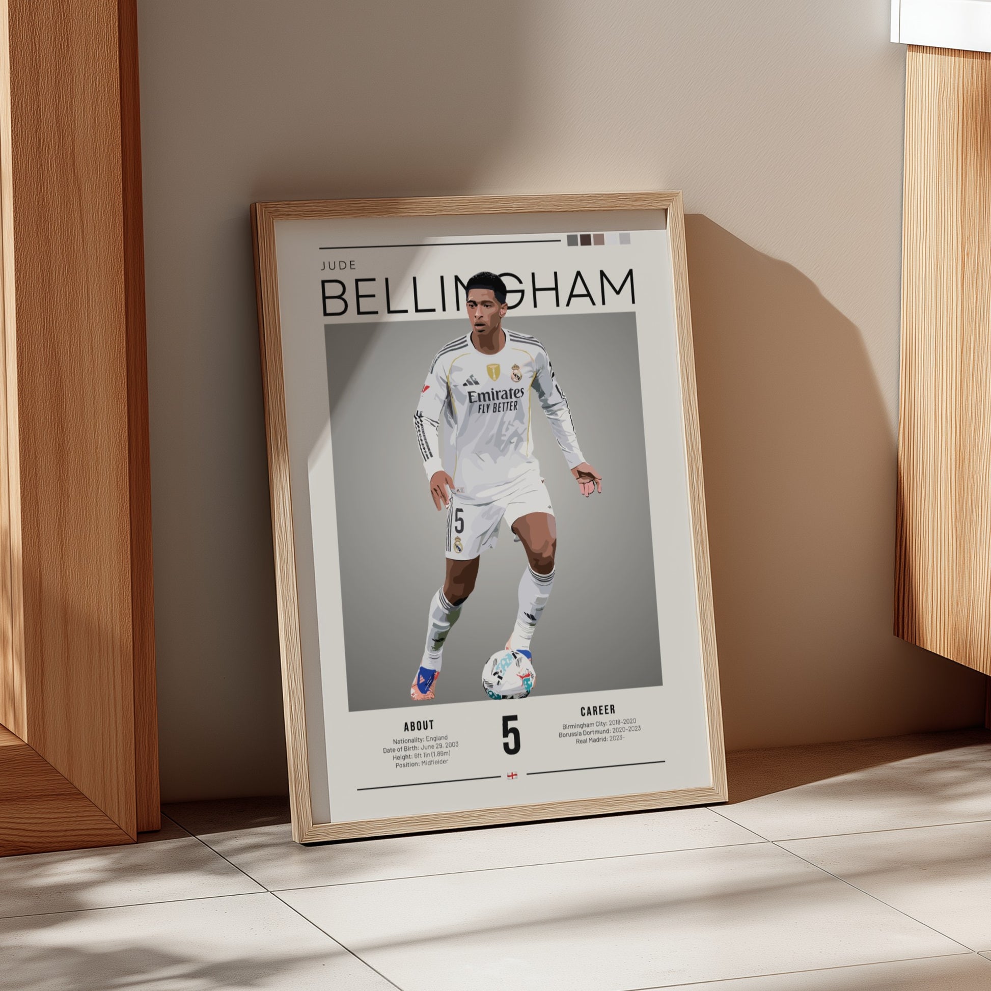 Jude Bellingham poster in Real Madrid football shirt, vibrant colors, dynamic style, perfect for sports decor.