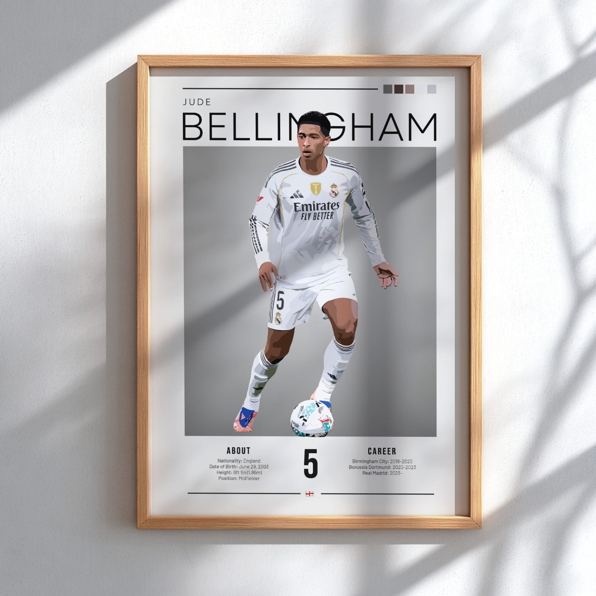 Jude Bellingham poster in Real Madrid football shirt, vibrant colors, dynamic style, perfect for sports decor.