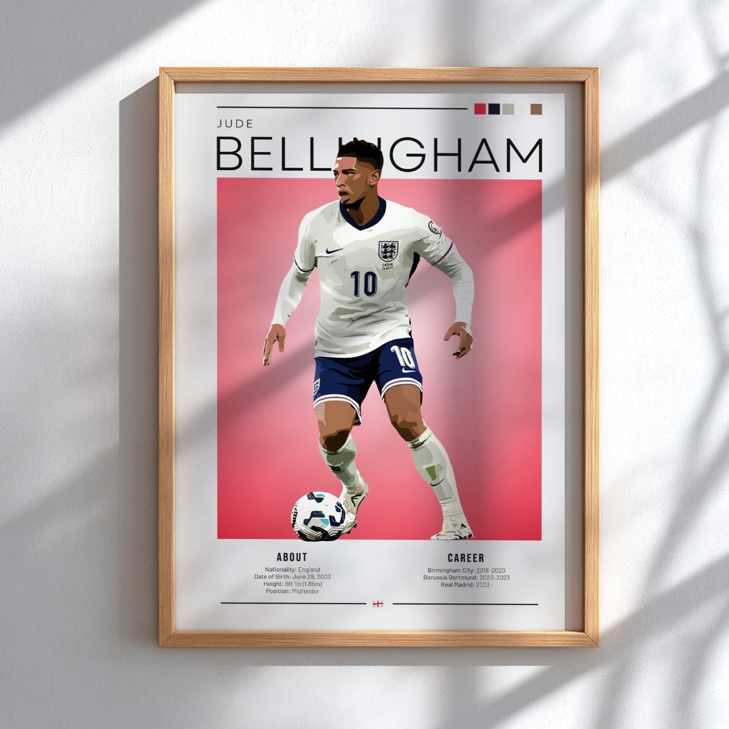 Jude Bellingham poster featuring England National Team colors and dynamic football action.
