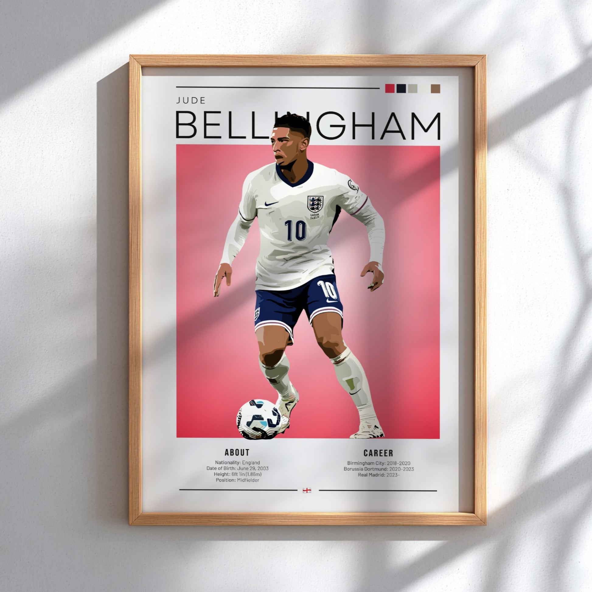Jude Bellingham poster featuring England National Team colors and dynamic football action.