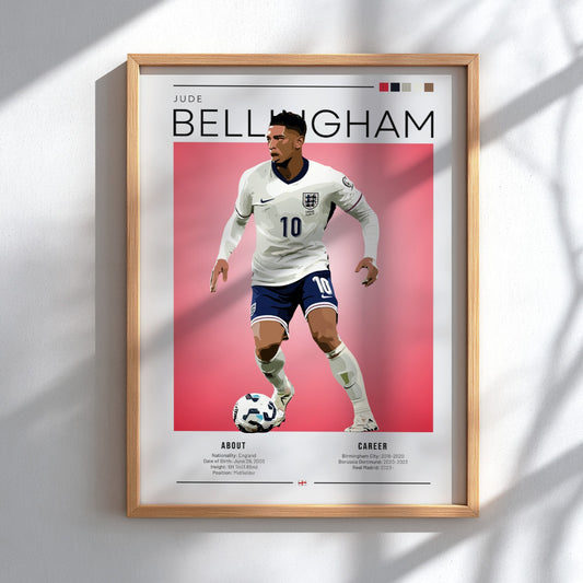 Jude Bellingham poster featuring England National Team colors and dynamic football action.