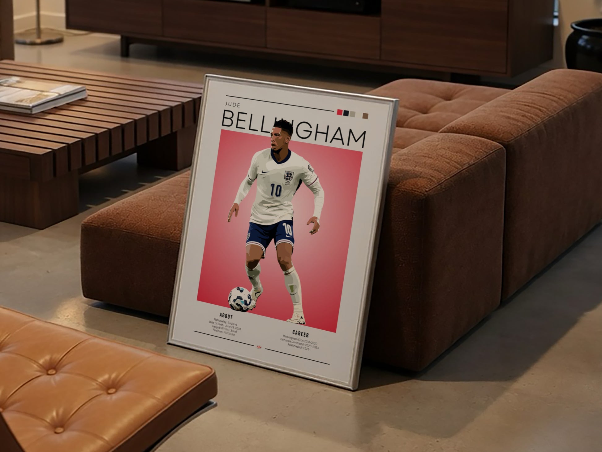 Jude Bellingham poster featuring England National Team colors and dynamic football action.