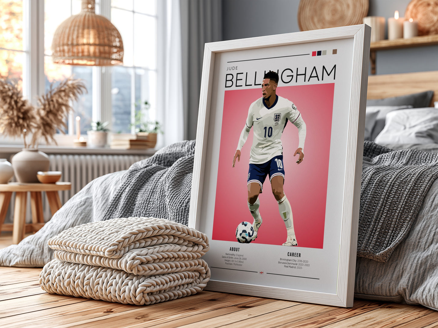 Jude Bellingham poster featuring England National Team colors and dynamic football action.