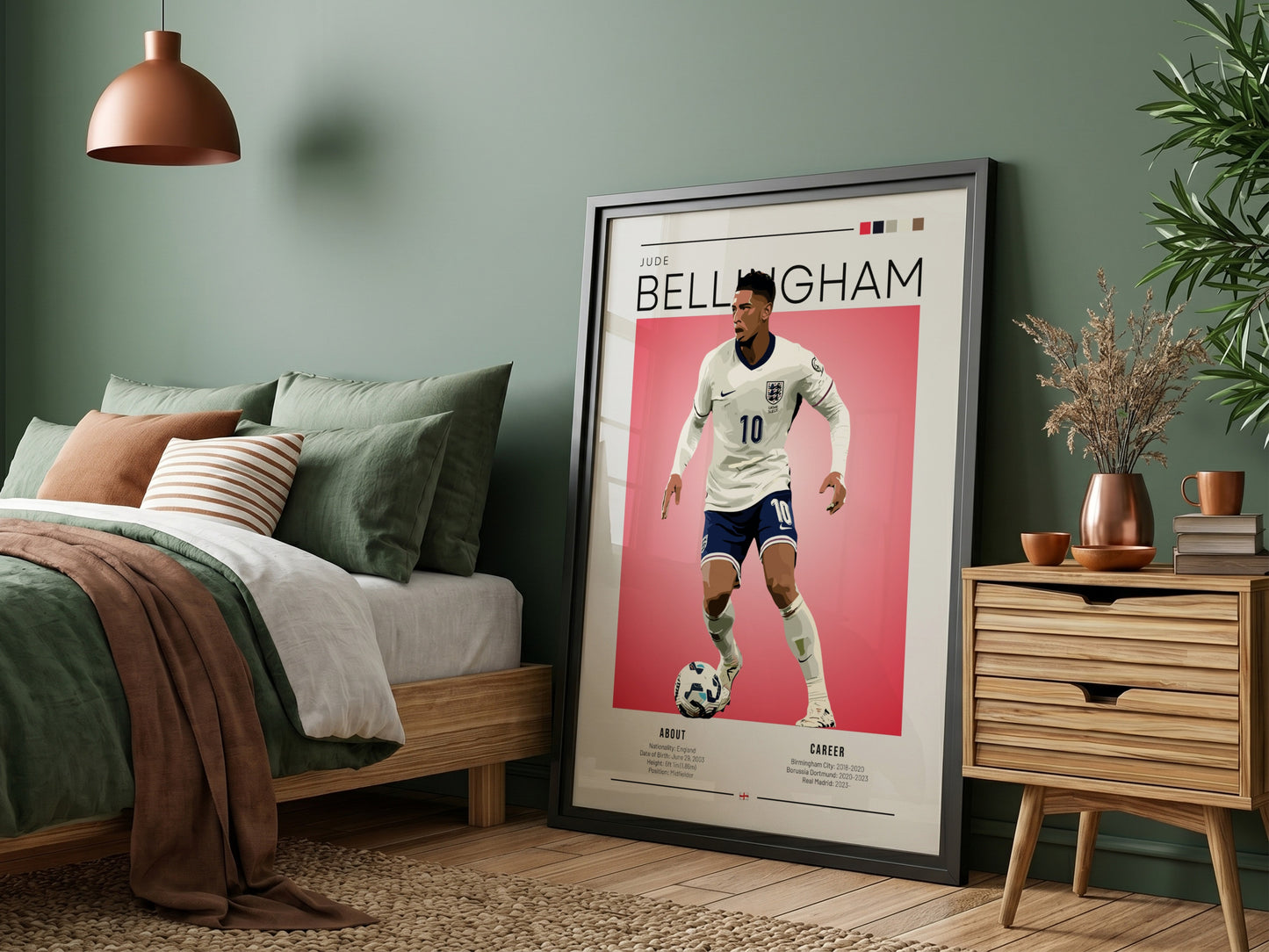 Jude Bellingham poster featuring England National Team colors and dynamic football action.