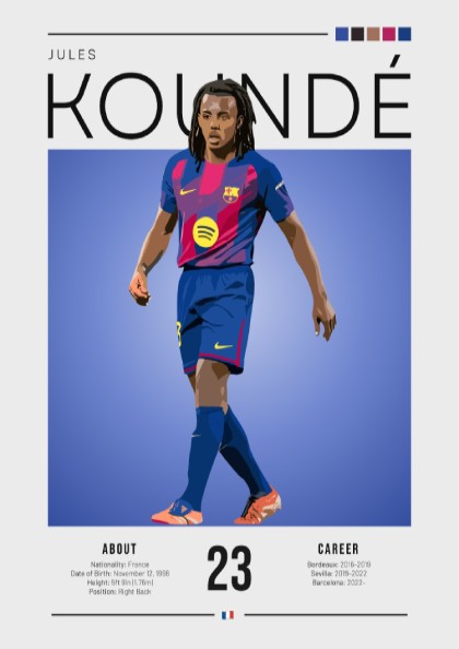 Jules Koundé poster featuring vibrant colors and modern design, ideal for sports wall art.
