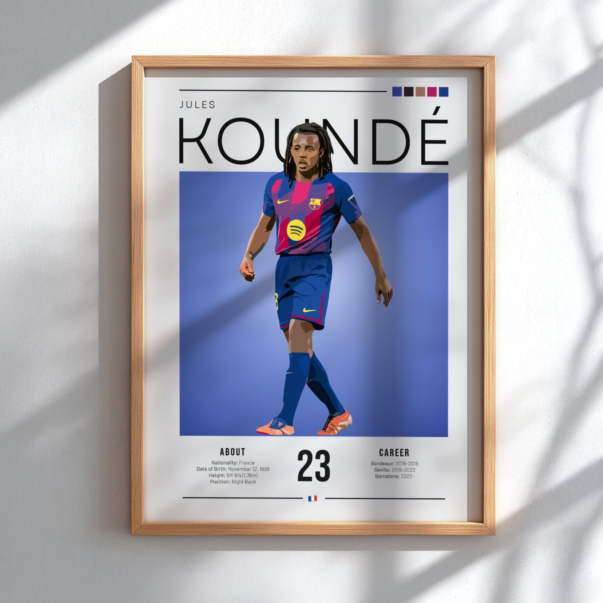 Jules Koundé poster featuring vibrant colors and modern design, ideal for sports wall art.
