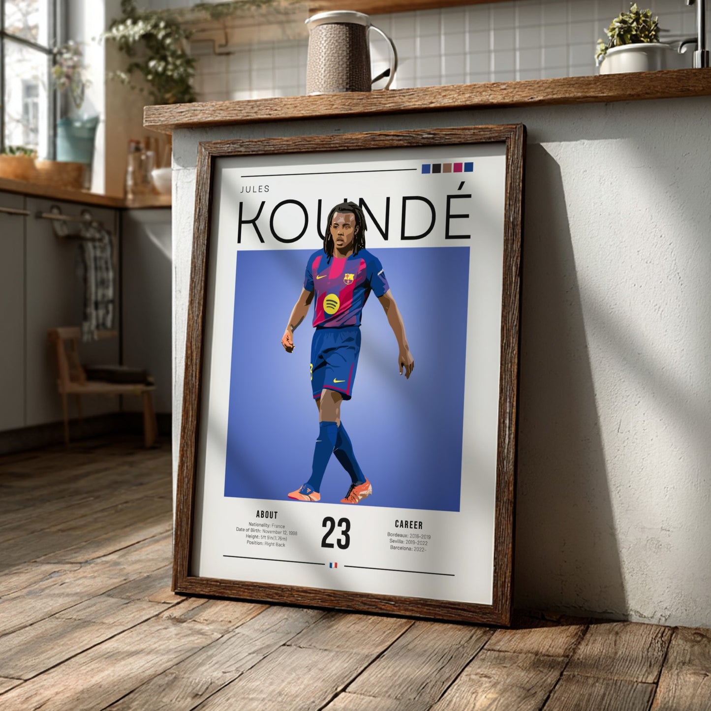 Jules Koundé poster featuring vibrant colors and modern design, ideal for sports wall art.