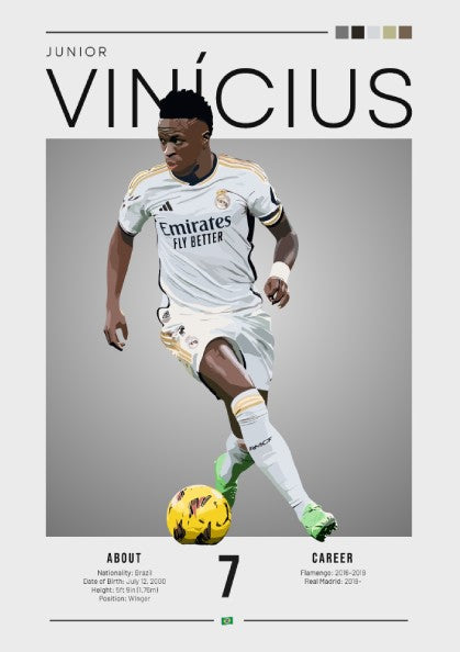 Vinícius Junior poster featuring Real Madrid football shirt, dynamic action pose, vibrant colors, modern style