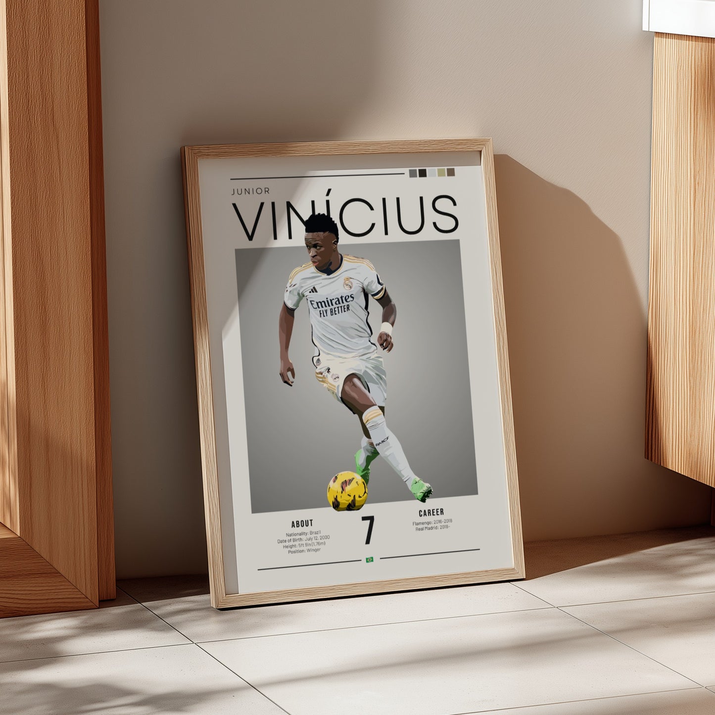Vinícius Junior poster featuring Real Madrid football shirt, dynamic action pose, vibrant colors, modern style