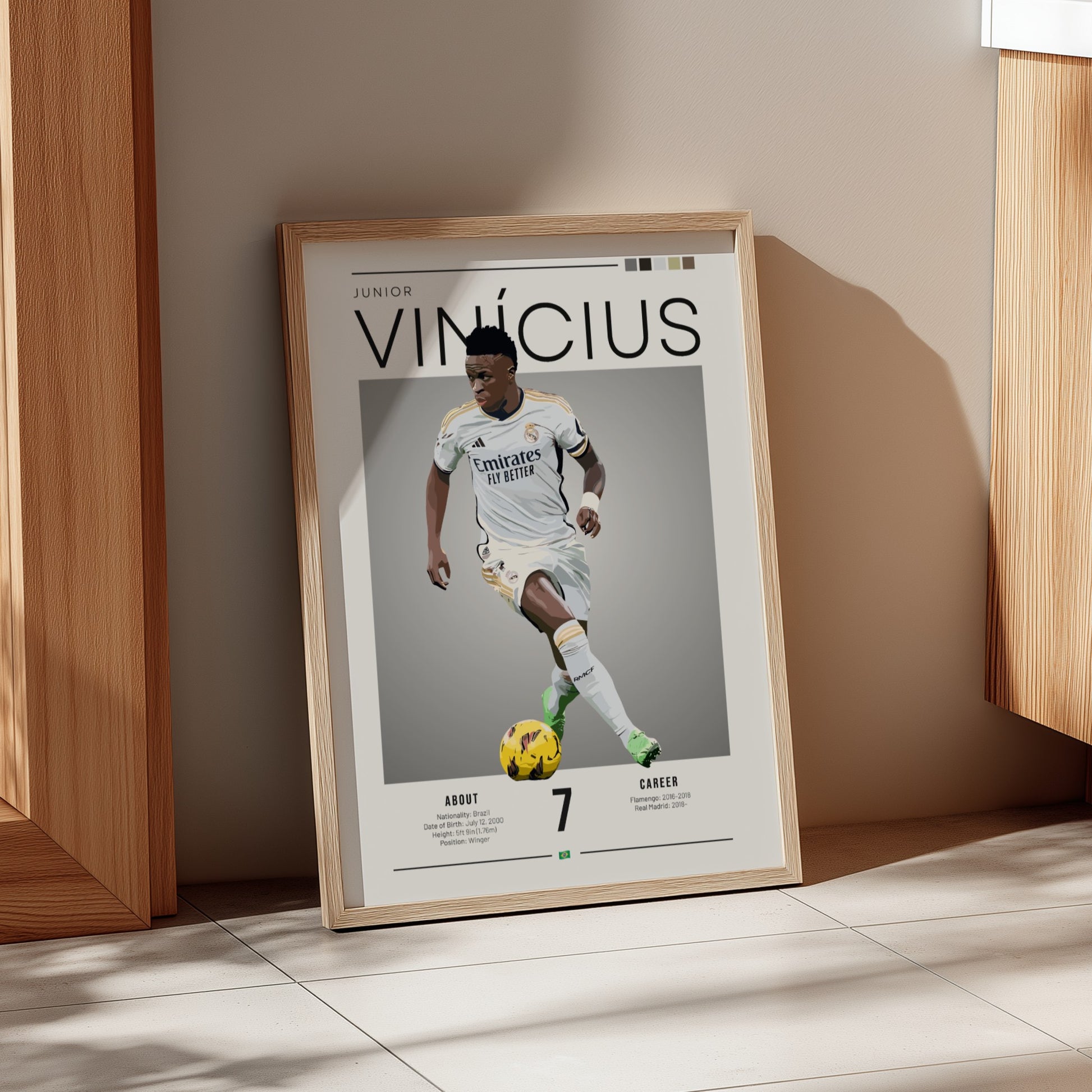 Vinícius Junior poster featuring Real Madrid football shirt, dynamic action pose, vibrant colors, modern style