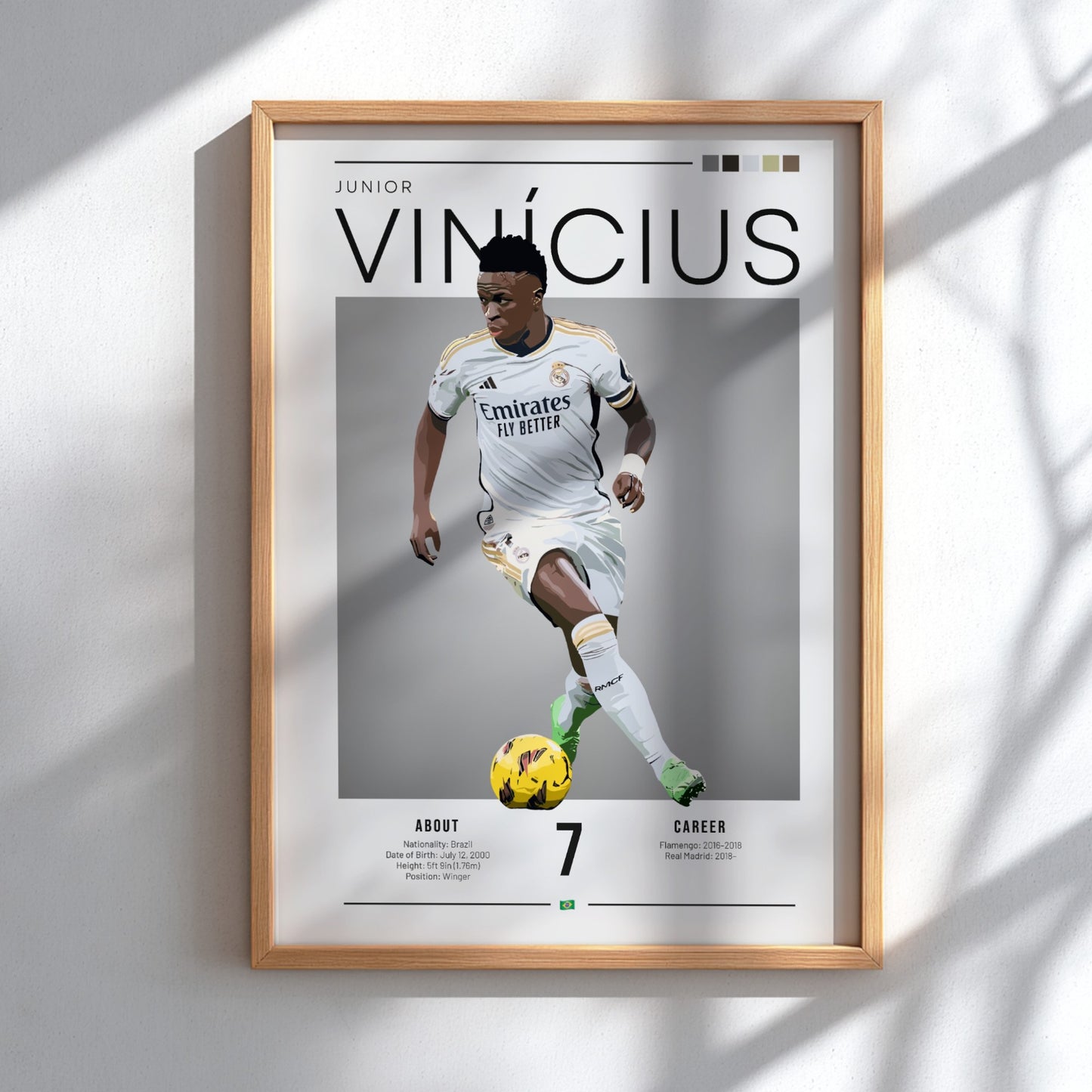 Vinícius Junior poster featuring Real Madrid football shirt, dynamic action pose, vibrant colors, modern style