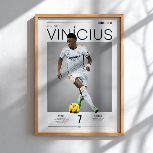 Vinícius Junior poster featuring Real Madrid football shirt, dynamic action pose, vibrant colors, modern style