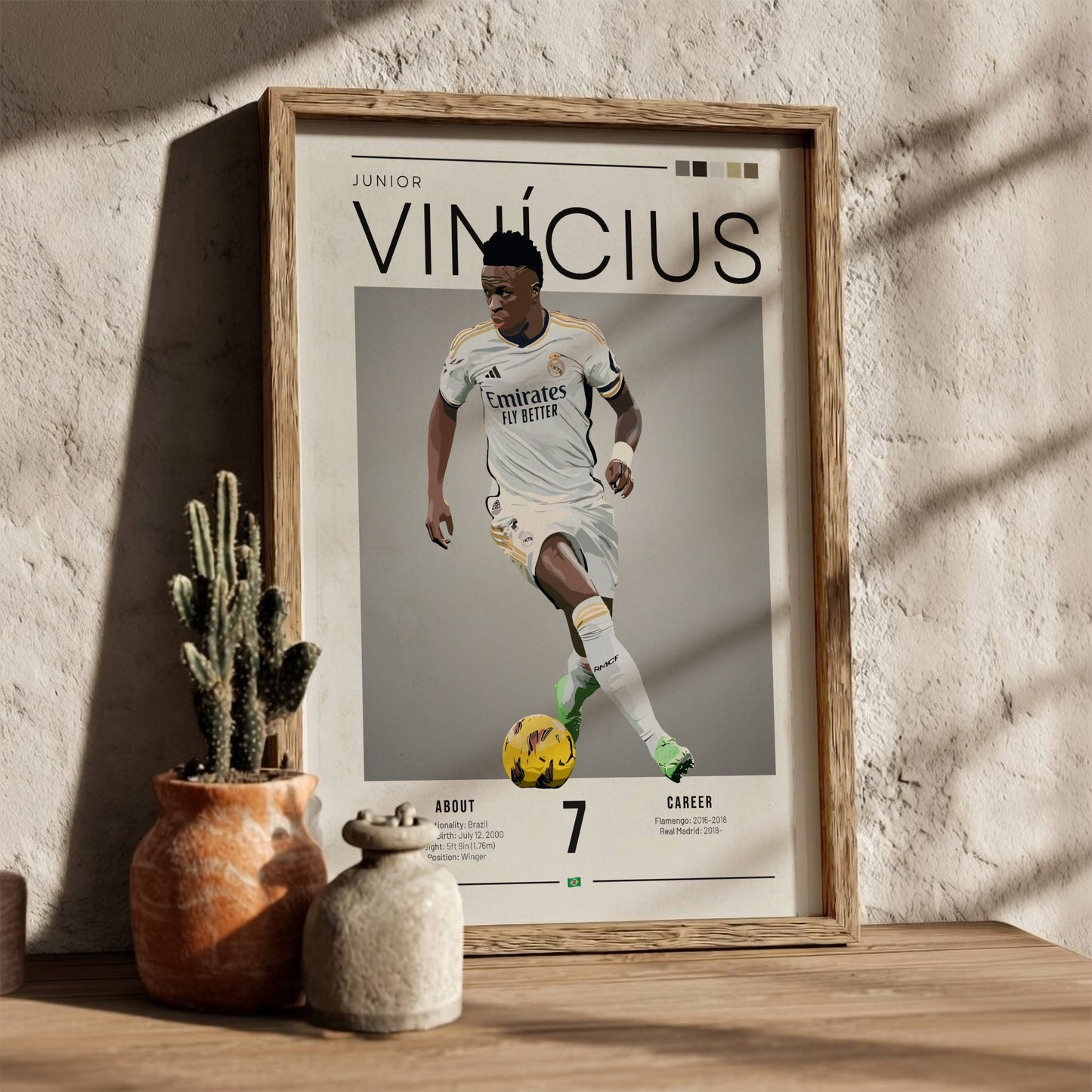 Vinícius Junior poster featuring Real Madrid football shirt, dynamic action pose, vibrant colors, modern style