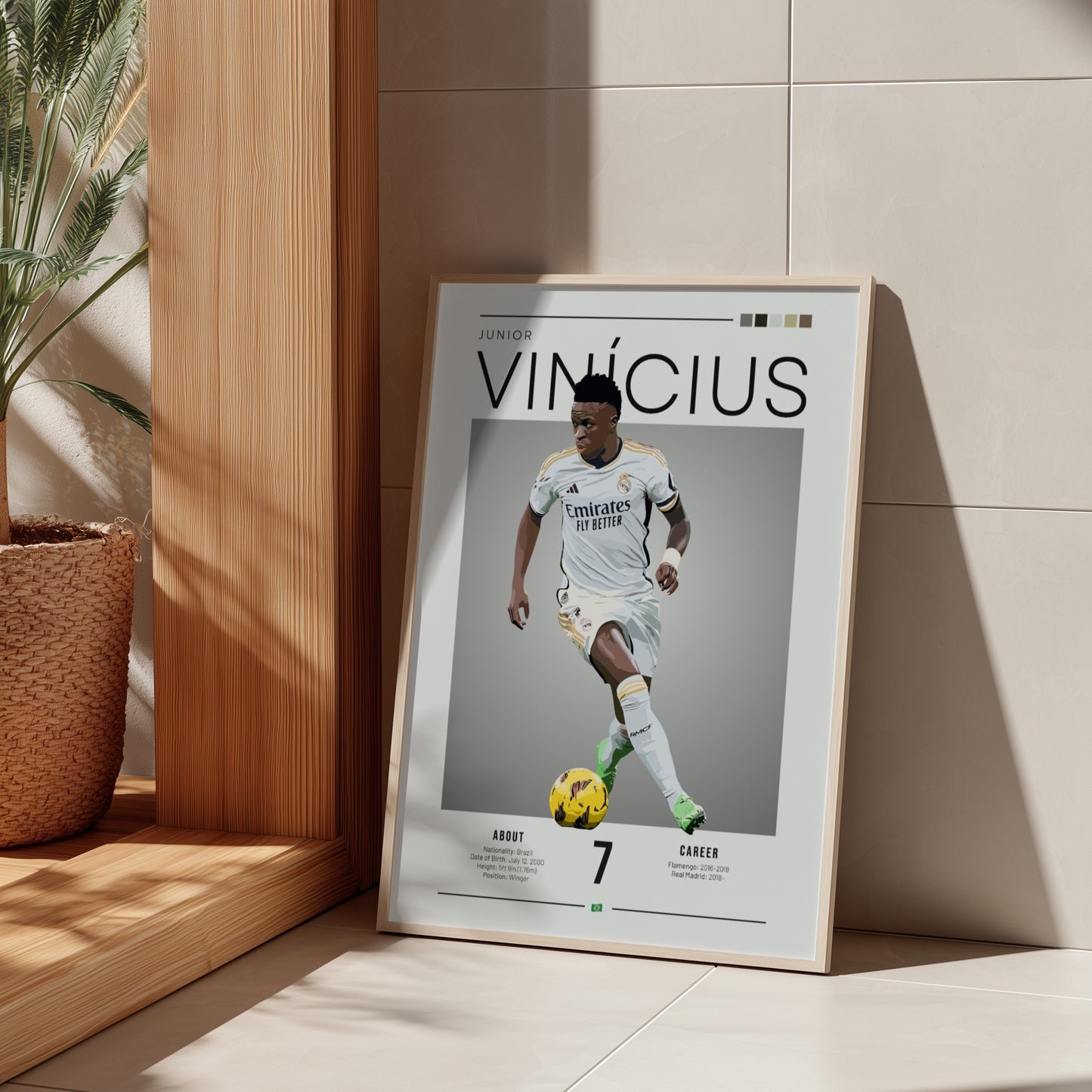 Vinícius Junior poster featuring Real Madrid football shirt, dynamic action pose, vibrant colors, modern style