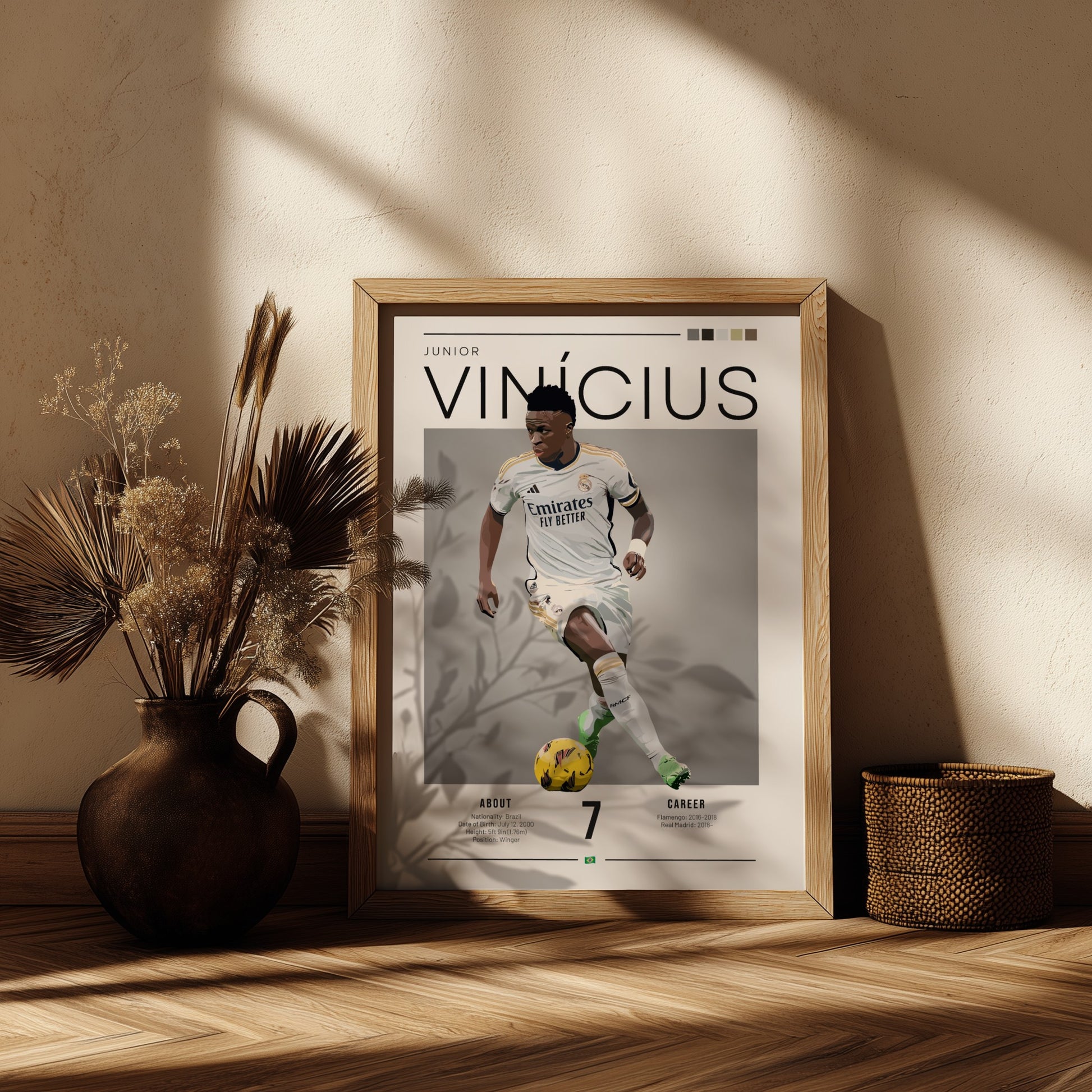 Vinícius Junior poster featuring Real Madrid football shirt, dynamic action pose, vibrant colors, modern style