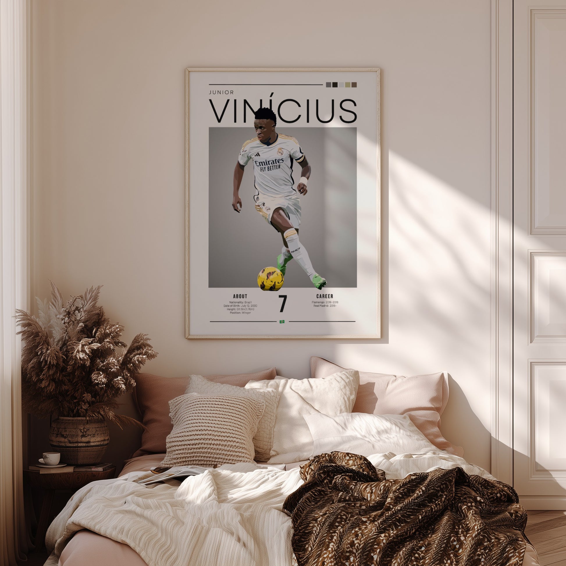 Vinícius Junior poster featuring Real Madrid football shirt, dynamic action pose, vibrant colors, modern style