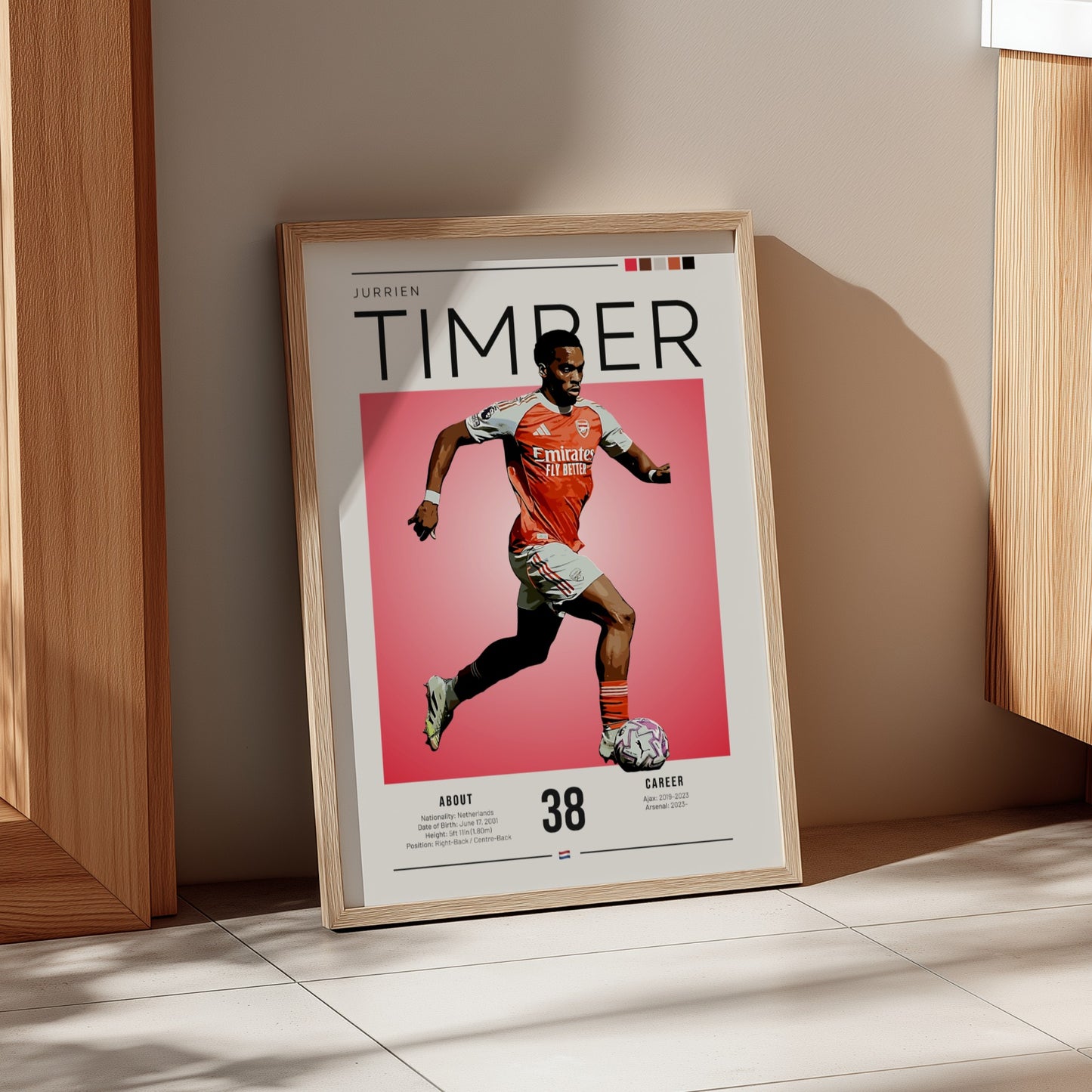 Jurrien Timber poster featuring vibrant colors and dynamic football action, perfect for sports wall art.