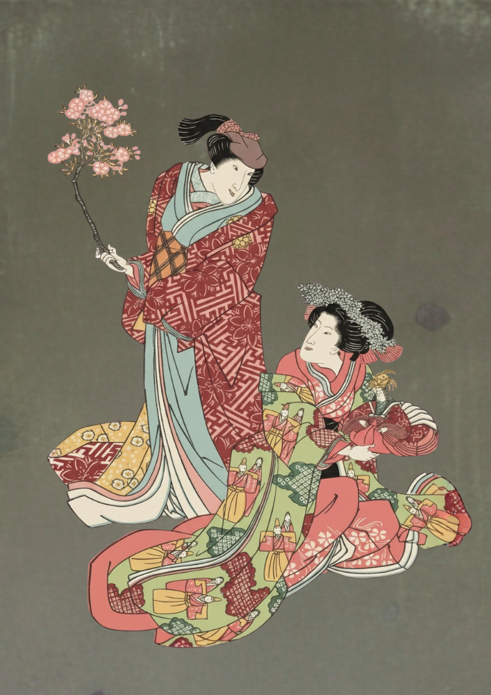 Two women in traditional Japanese attire with intricate patterns on a textured green background