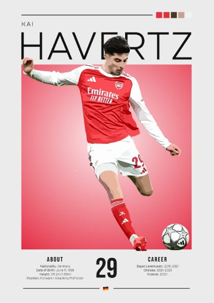 Kai Havertz poster featuring vibrant colors and dynamic football action, perfect for sports enthusiasts and