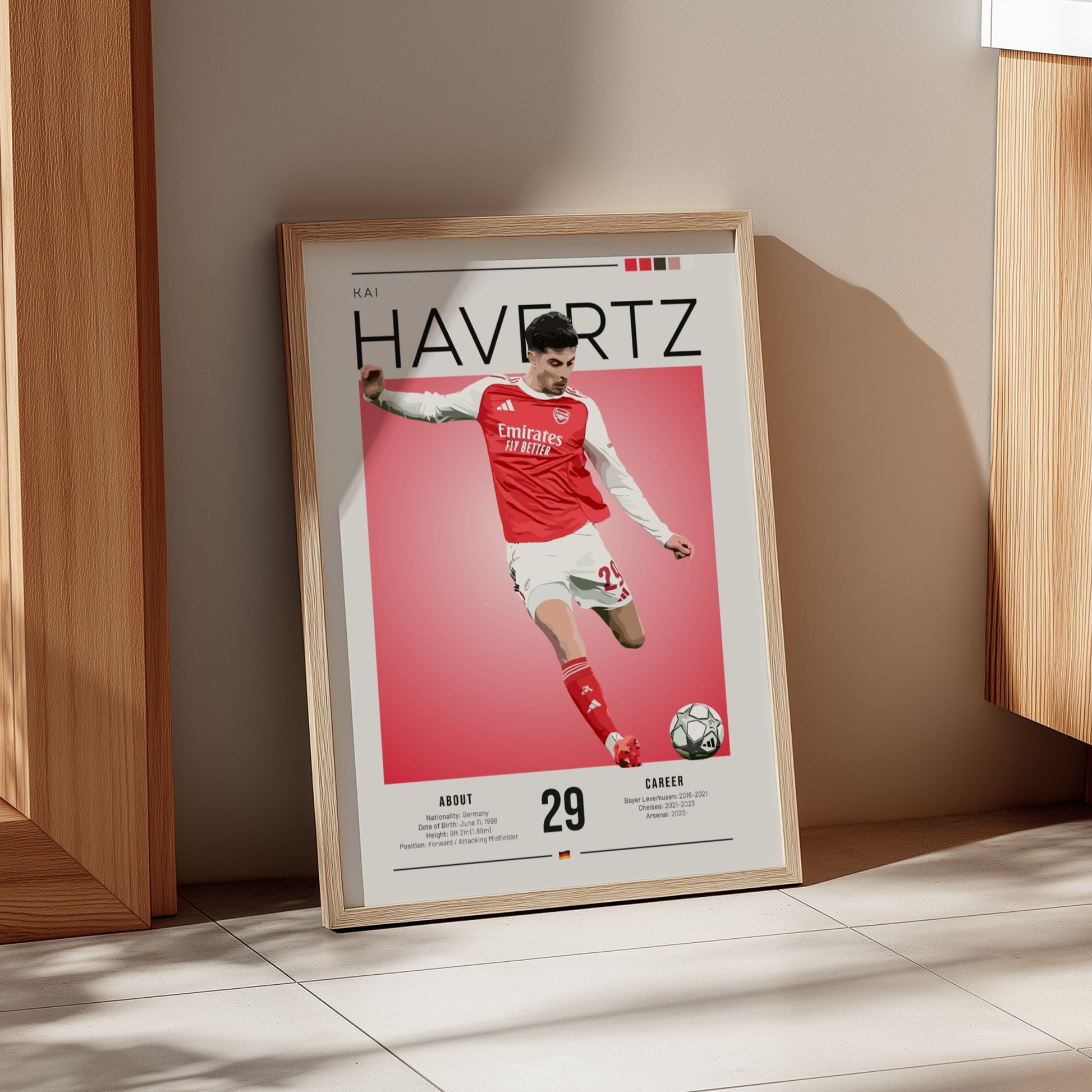 Kai Havertz poster featuring vibrant colors and dynamic football action, perfect for sports enthusiasts and