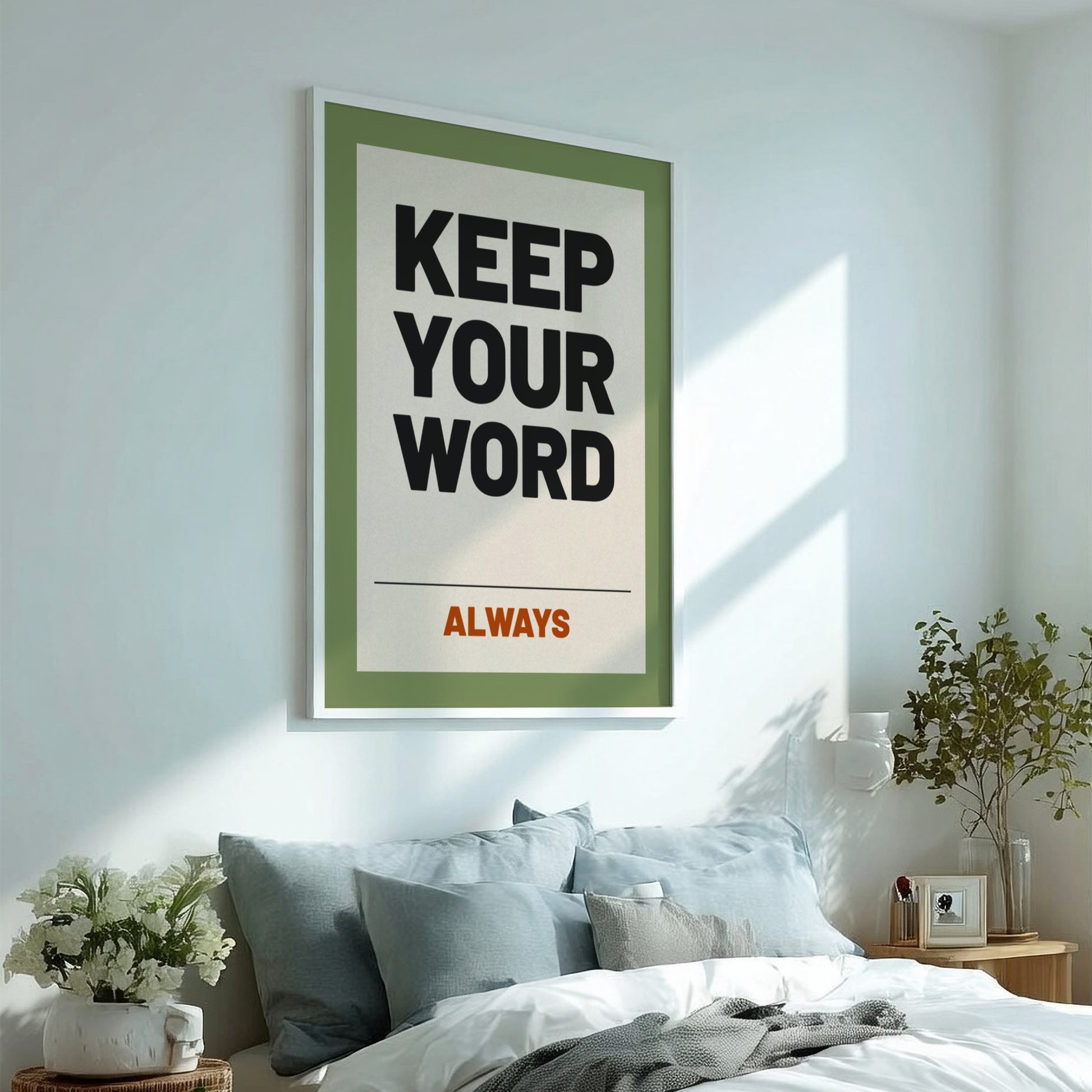 Motivational poster featuring 'Keep Your Word' in bold typography, designed for inspiration and home decor.