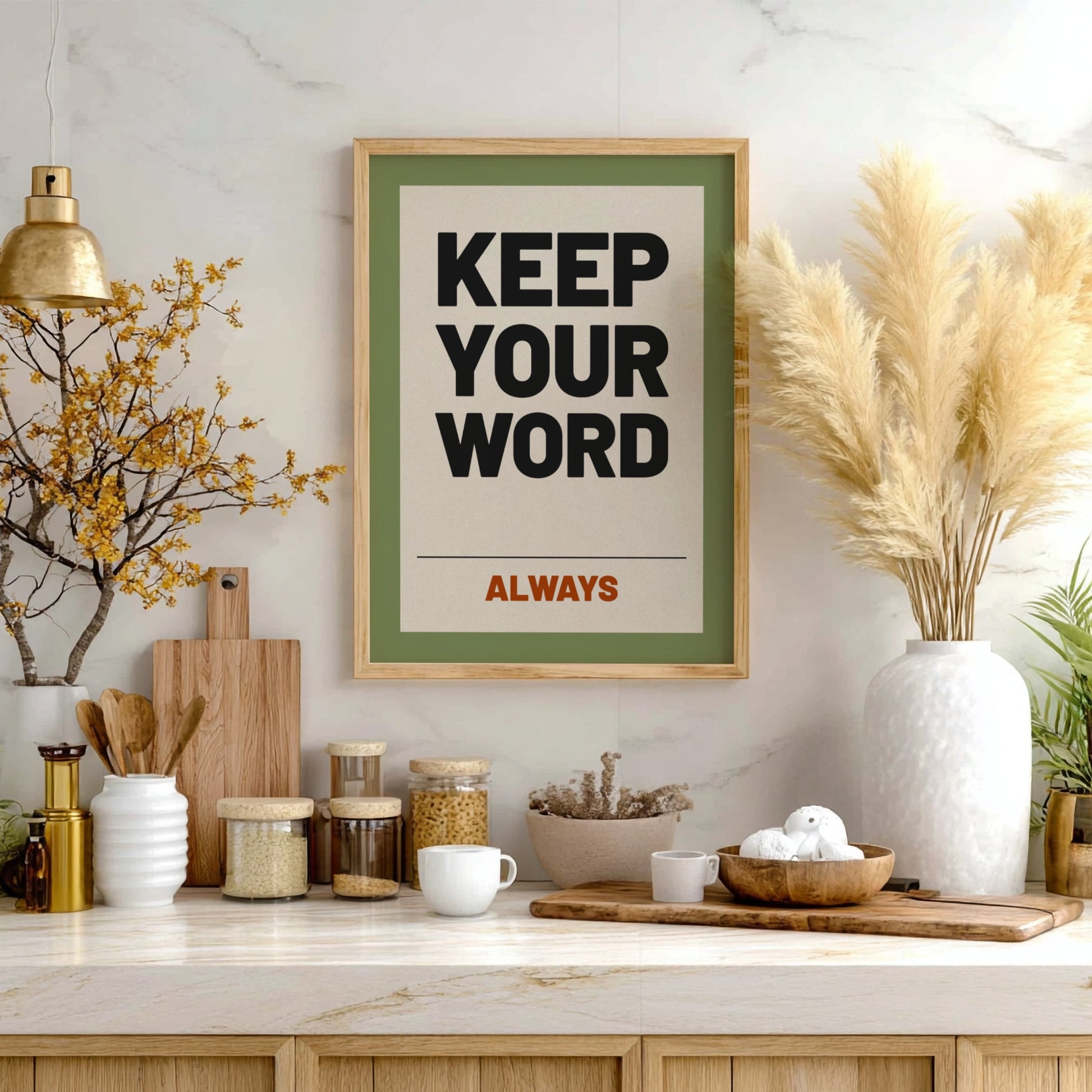 Motivational poster featuring 'Keep Your Word' in bold typography, designed for inspiration and home decor.