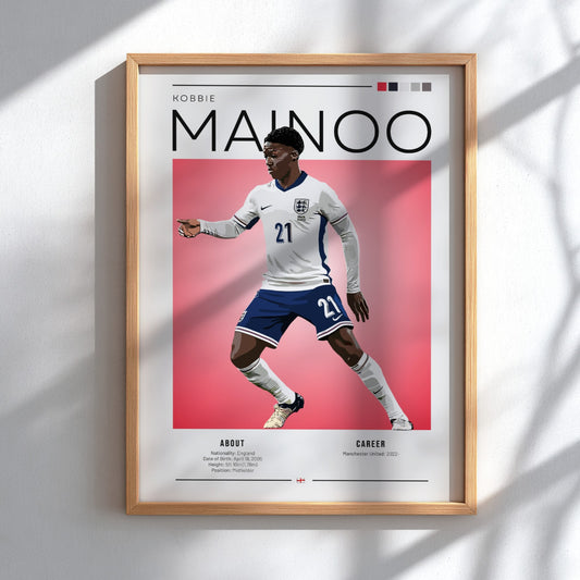 Kobbie Mainoo poster featuring England National Team colors in vibrant design