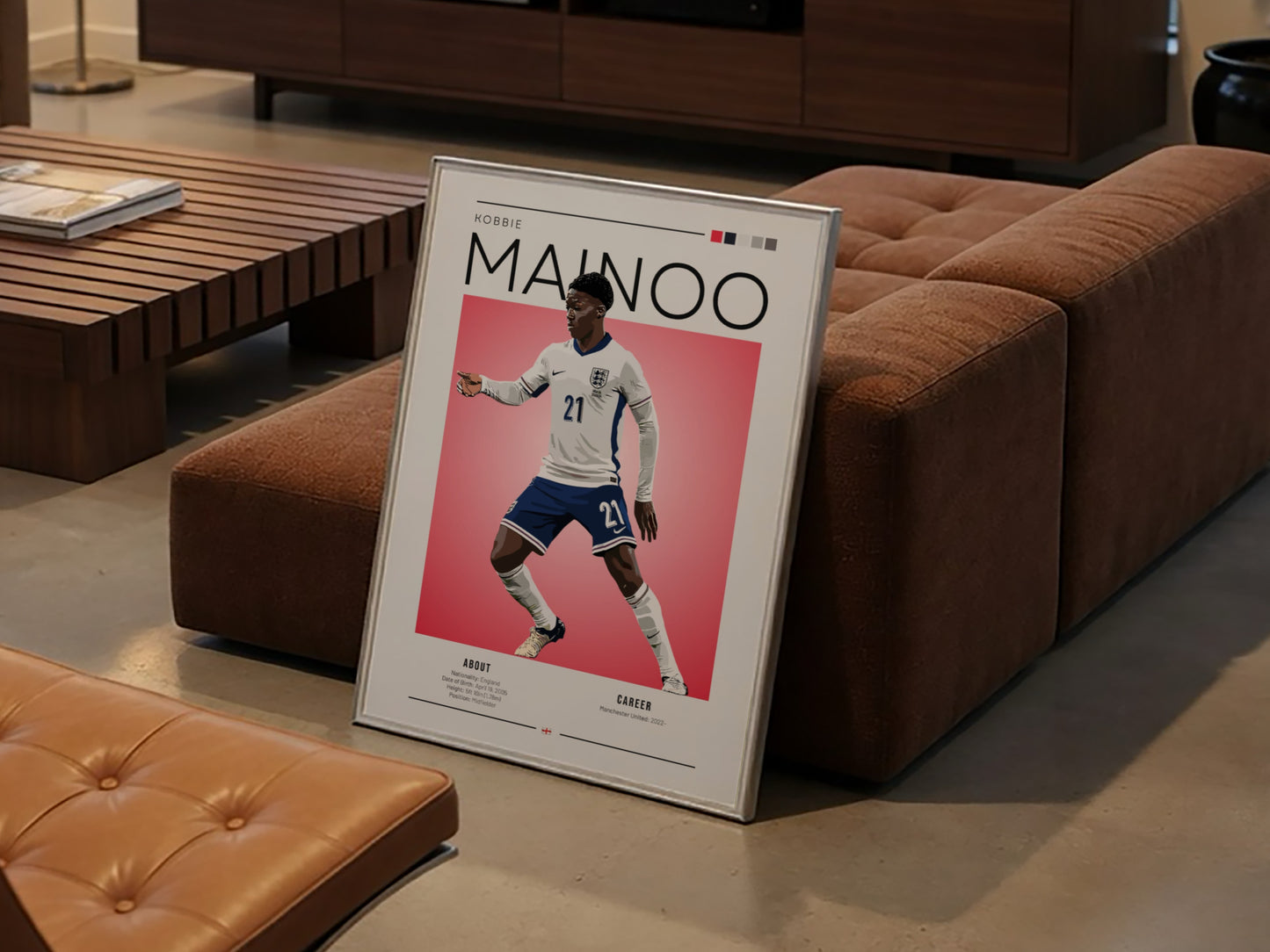 Kobbie Mainoo poster featuring England National Team colors in vibrant design