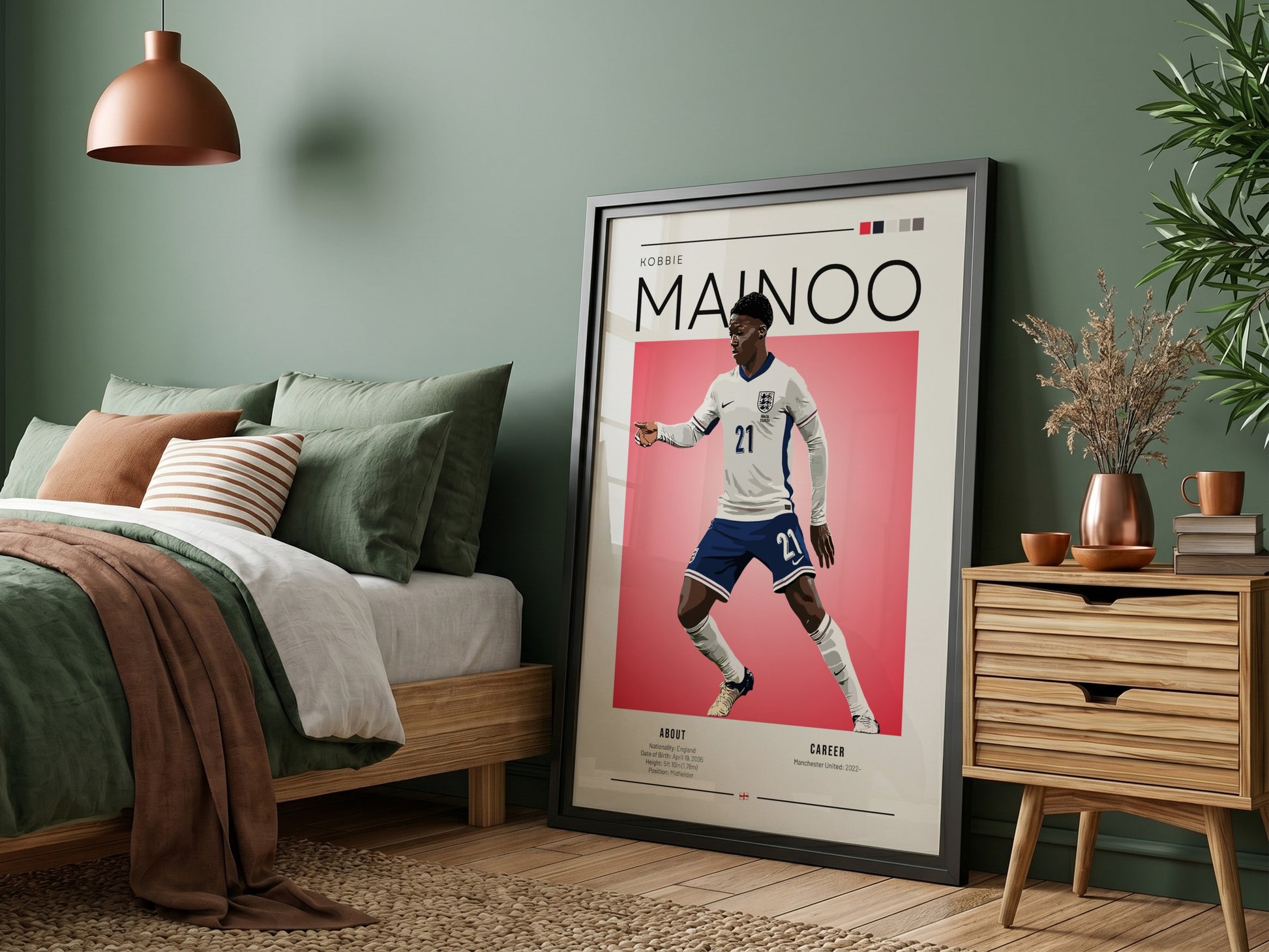 Kobbie Mainoo poster featuring England National Team colors in vibrant design